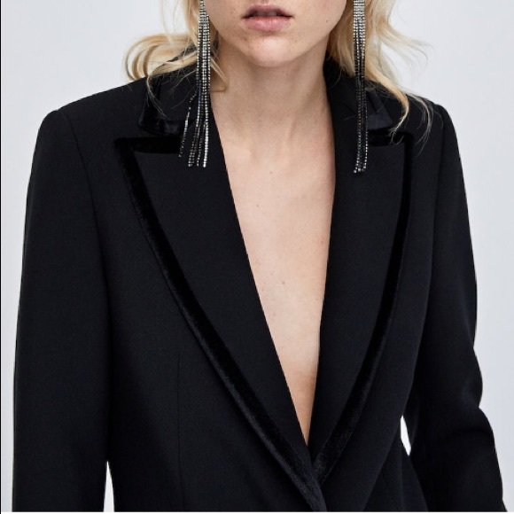 Zara blk velvet contrasting tuxedo collar blazer - Picture 3 of 6